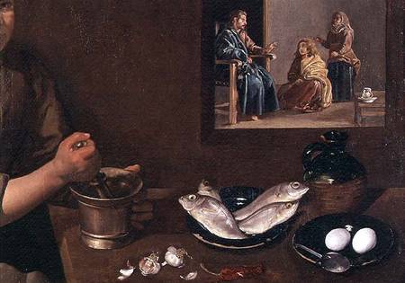 Kitchen Scene with Christ in the House of Martha and Mary (detail of Food on the Table with Christ, van Diego Rodriguez de Silva y Velázquez