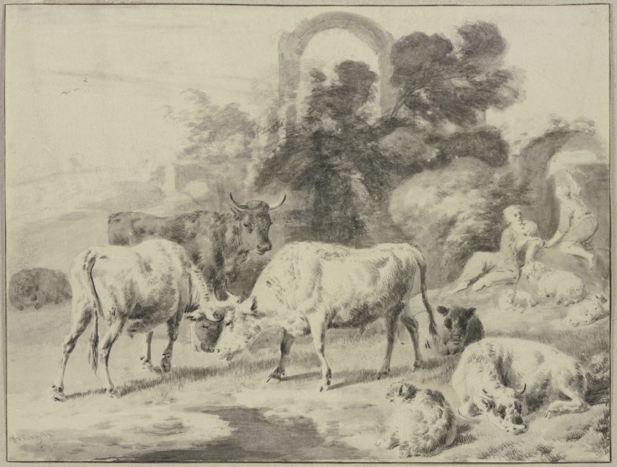 Cow herd with shepherds van Dirck van Bergen