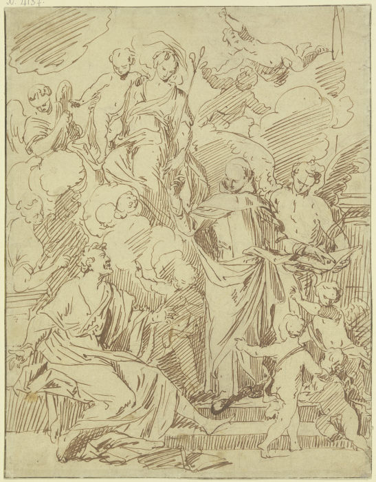 Maria und zwei Heilige von vielen Engeln umgeben van Domenichino (eigentl. Domenico Zampieri)
