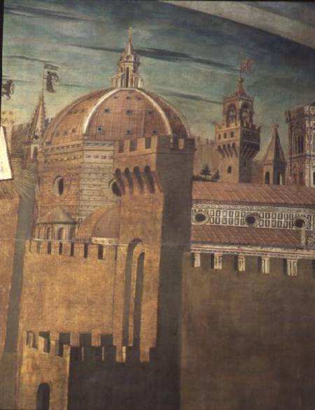 Detail depicting Florence Cathedral, from a fresco of Dante with the 'Divinia Commedia' in the north van Domenico  di Michelino