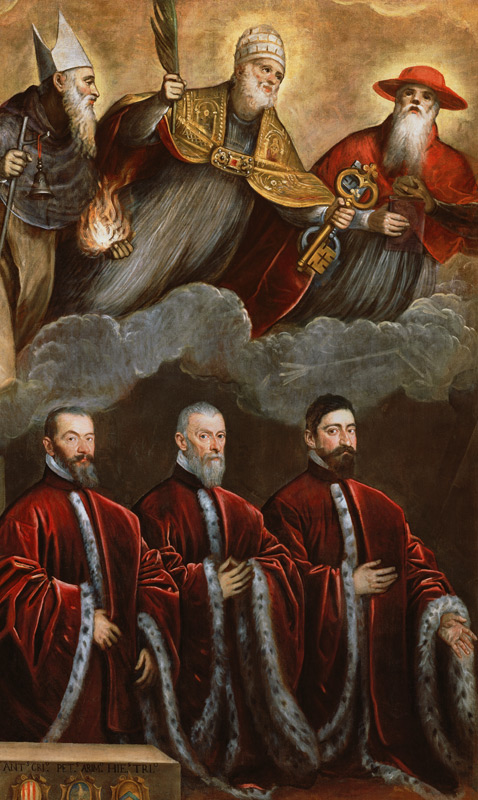Saint Jerome, Saint Peter and Saint Anthony above a portrait of three lawyers van Domenico Tintoretto