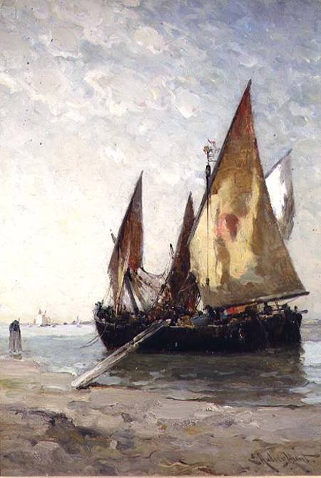 Fishing Boats Moored on the Beach van E. Aubrey Hunt