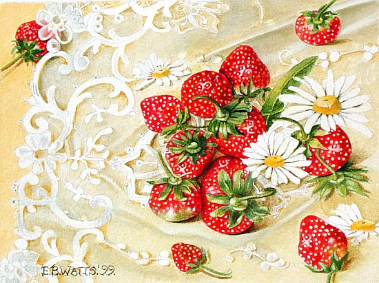 Strawberries on Lace, 1999 (acrylic on paper)  van E.B.  Watts