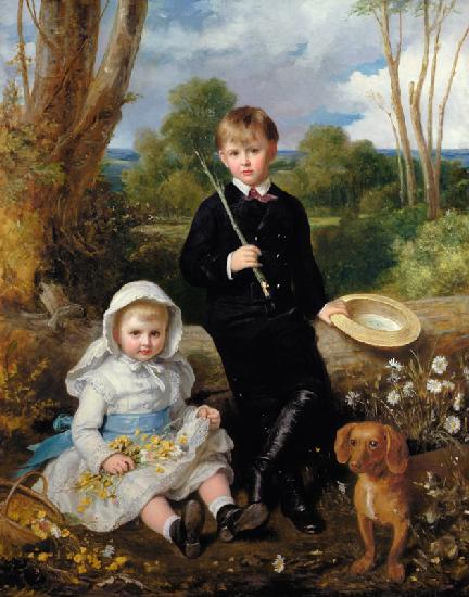 Portrait of a Brother and Sister with their Pet Dog in a Wooded Landscape