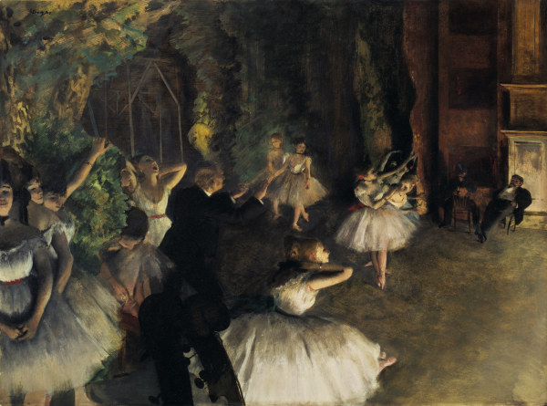 Ballet rehearsal on stage van Edgar Degas