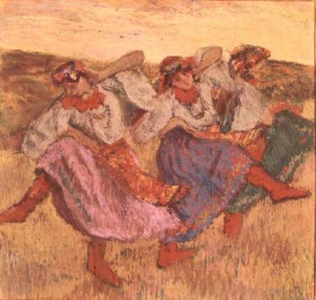 Three dancers in peasant costume van Edgar Degas