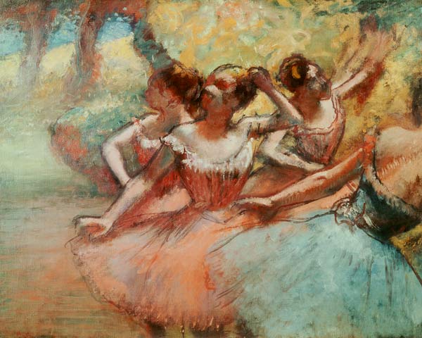 Four ballerinas on the stage van Edgar Degas