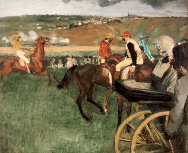 The Race Course - Amateur Jockeys near a Carriage van Edgar Degas