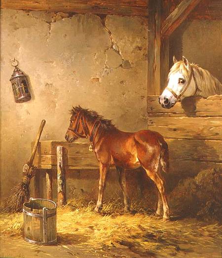 Mare and Foal in a Stable van Edmund Mahlknecht