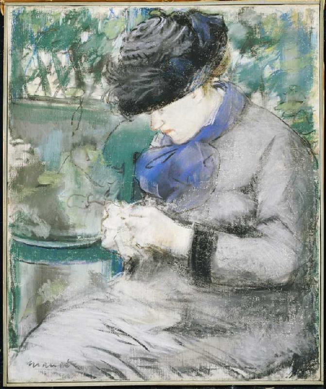 Mädchen, im Garten sitzend oder: Das Stricken van Edouard Manet