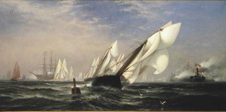 American yacht Sappho winning the race with the English yacht Livonia for the America Cup van Edward Moran