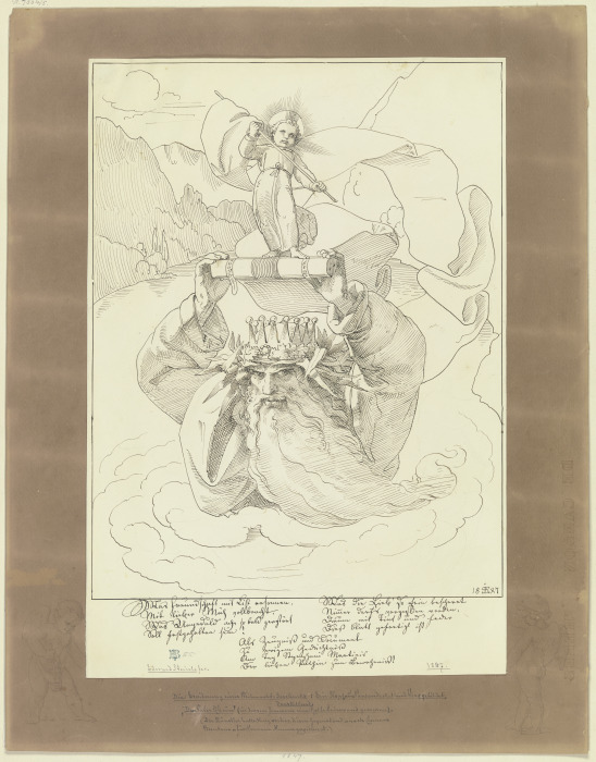 Brauner Montierungsbogen mit zwei das Hauptblatt rahmenden Putten an den unteren Ecken van Edward von Steinle