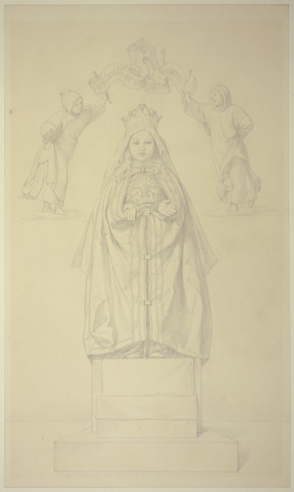 Die kleine Maria in eine Dalmatica gehüllt, über ihr zwei Engel mit Spruchband van Edward von Steinle