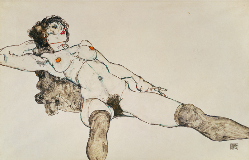 Liggende naakte vrouw met gespreide benen van Egon Schiele