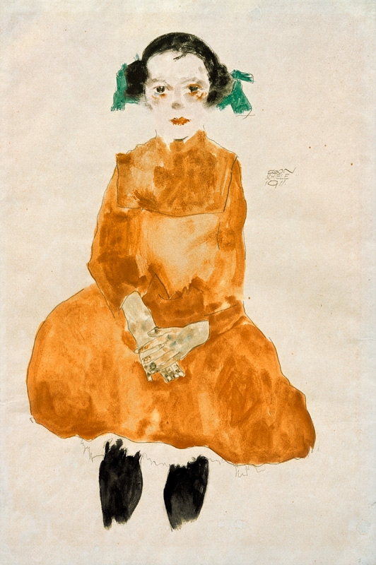 Little girl in a yellow dress with black stockings van Egon Schiele