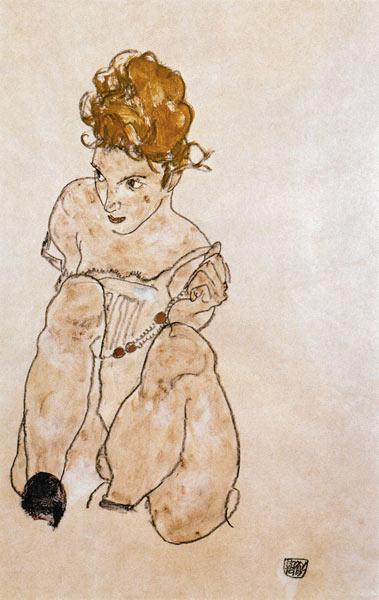 Sitzendes Mädchen in Unterkleid van Egon Schiele