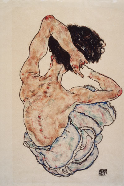 Vrouw met gevouwen handen, achteraanzicht van Egon Schiele