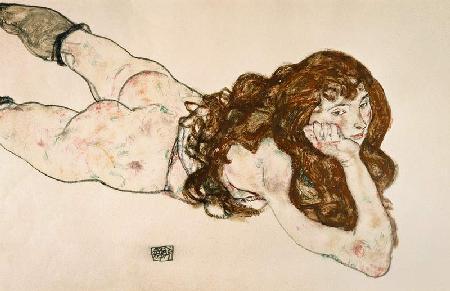 Op haar buik liggen vrouwelijk naakt - Egon Schiele