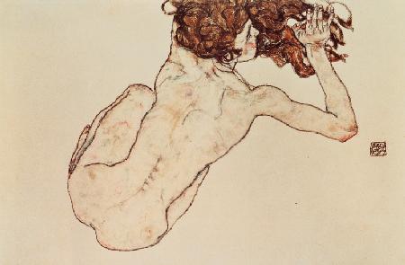 Hurkende naakte vrouwen rug - Egon Schiele