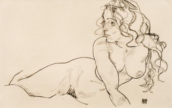 Opstaand vrouwelijk naakt met lang haar - Egon Schiele