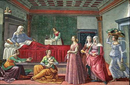 The Birth of St. John the Baptist (fresco) van  (eigentl. Domenico Tommaso Bigordi) Ghirlandaio Domenico