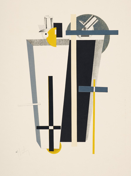 Abstract composition in grey, yellow and black (litho) van Eliezer Lissitzky