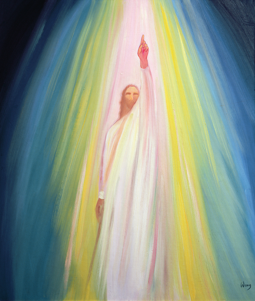 Jesus Christ points us to God the Father, 1995 (oil on panel)  van Elizabeth  Wang
