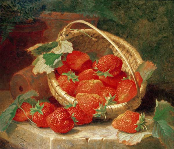 A Basket of Strawberries on a stone ledge van Eloise Harriet Stannard