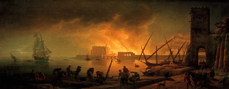 C.-J.Vernet, Harbour fire at night van Emile Jean Horace Vernet