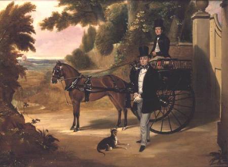 Two gentleman with their trap in a wooded landscape van English School