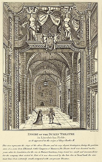 Inside of the Dukes Theatre in Lincoln''s Inn Fields as it appeared in the reign of King Charles II; van English School