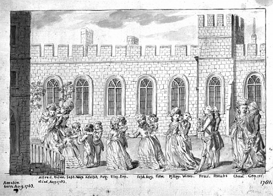King George III and Queen Charlotte walking in procession with their fourteen children, 1781 (pen &  van English School