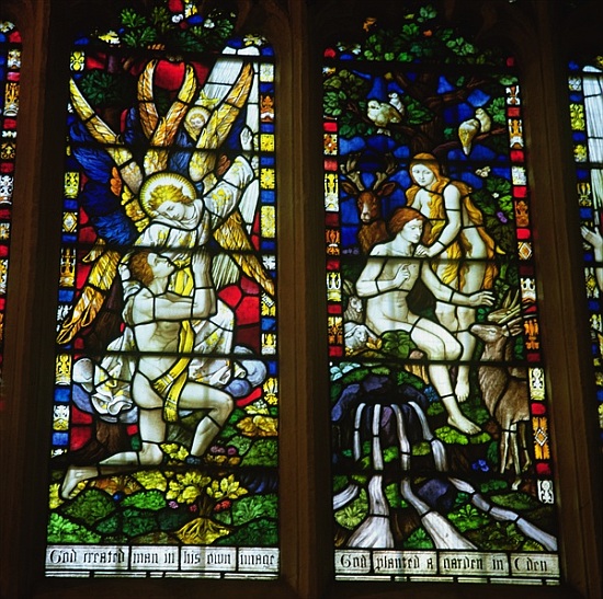 Stained glass windows depicting (LtoR) The Annunciation and Adam and Eve in the Garden of Eden van English School