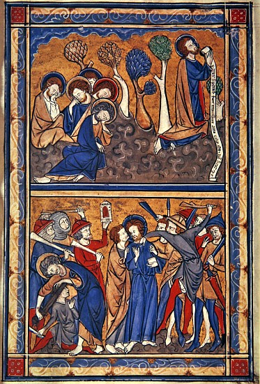 The Agony in the Garden and the Betrayal of Christ, leaf from a psalter, c.1270 (tempera, ink & gold van English School