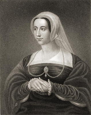 Portrait of Catherine Parr (1512-48) from 'Lodge's British Portraits', 1823 (engraving) van English School, (19th century)