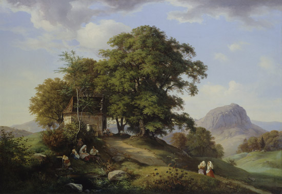 Gebirgige Landschaft mit Baumgruppe und Kapelle, im Hintergrund der Borschen van Ernst Ferdinand Oehme