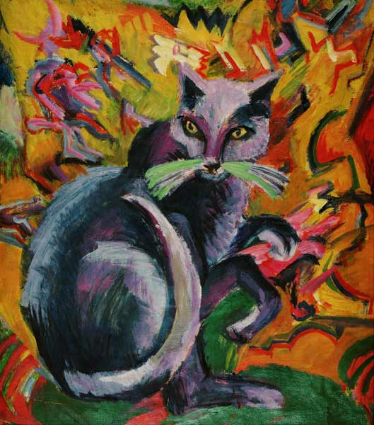 Grauer Kater auf Kissen - Grey tomcat on van Ernst Ludwig Kirchner