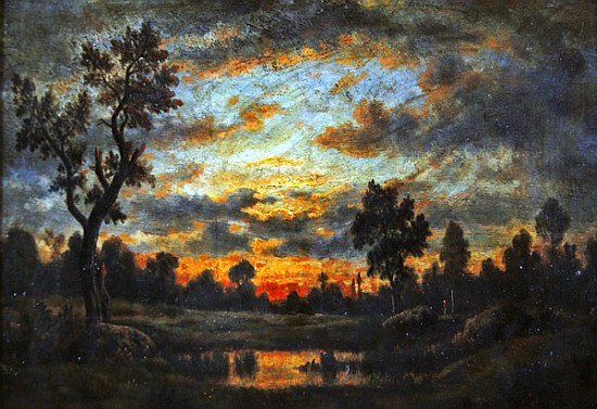 Landscape at sunset van Etienne-Pierre Théodore Rousseau