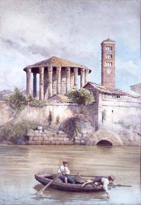 The Temple of Hercules from the River Tiber, Rome van Ettore Roesler Franz
