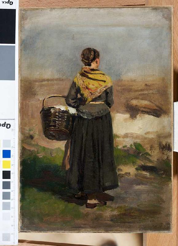 Rückenfigur einer stehenden Frau in Landschaft (Studie) van Eugen Dücker