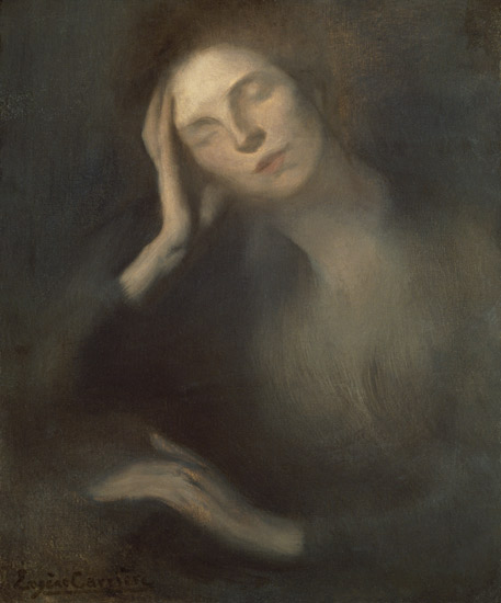 Woman Leaning on a Table van Eugène Carrière