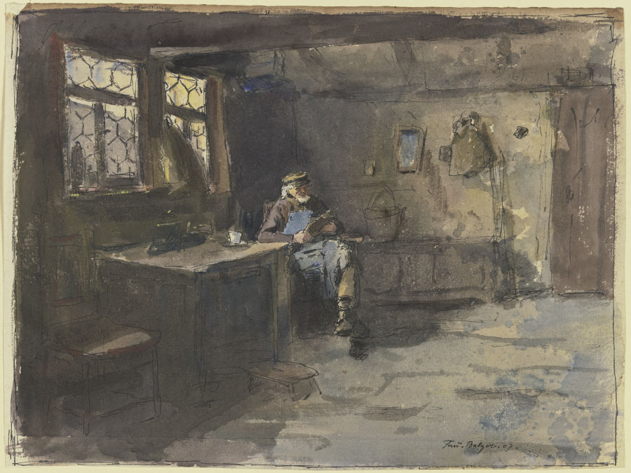 Alter sitzender Mann in einfachem Wohnraum lesend van Ferdinand Balzer