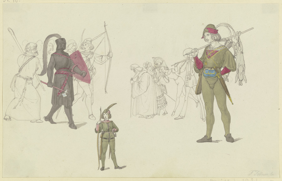 Ein schwarzer Ritter, Bogenschützen, ein Jäger sowie Maskenträger van Ferdinand Fellner