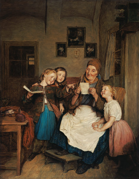 Großmutter mit drei Enkelinnen van Ferdinand Georg Waldmüller