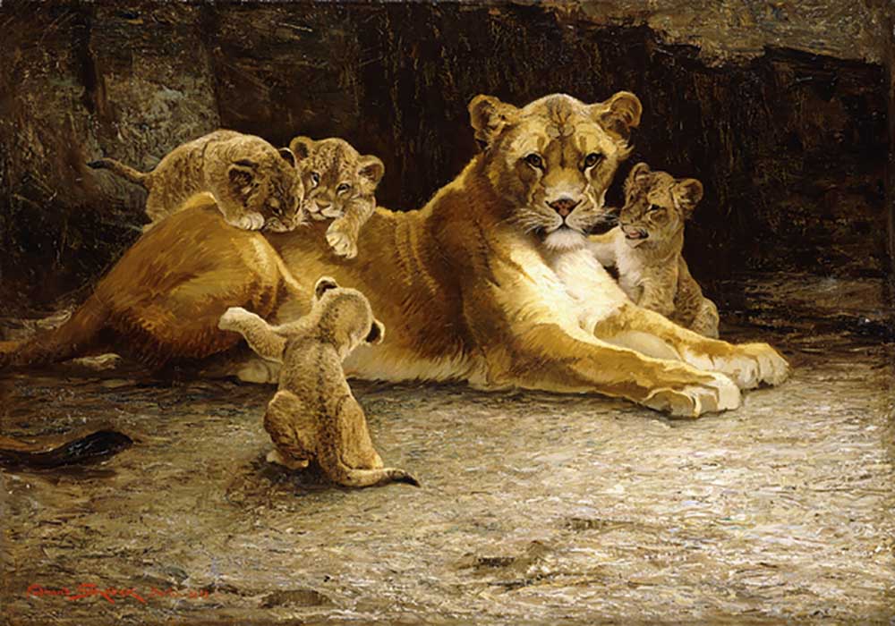 A Lioness with her Cubs, 1913 van Ferdinand Schebek