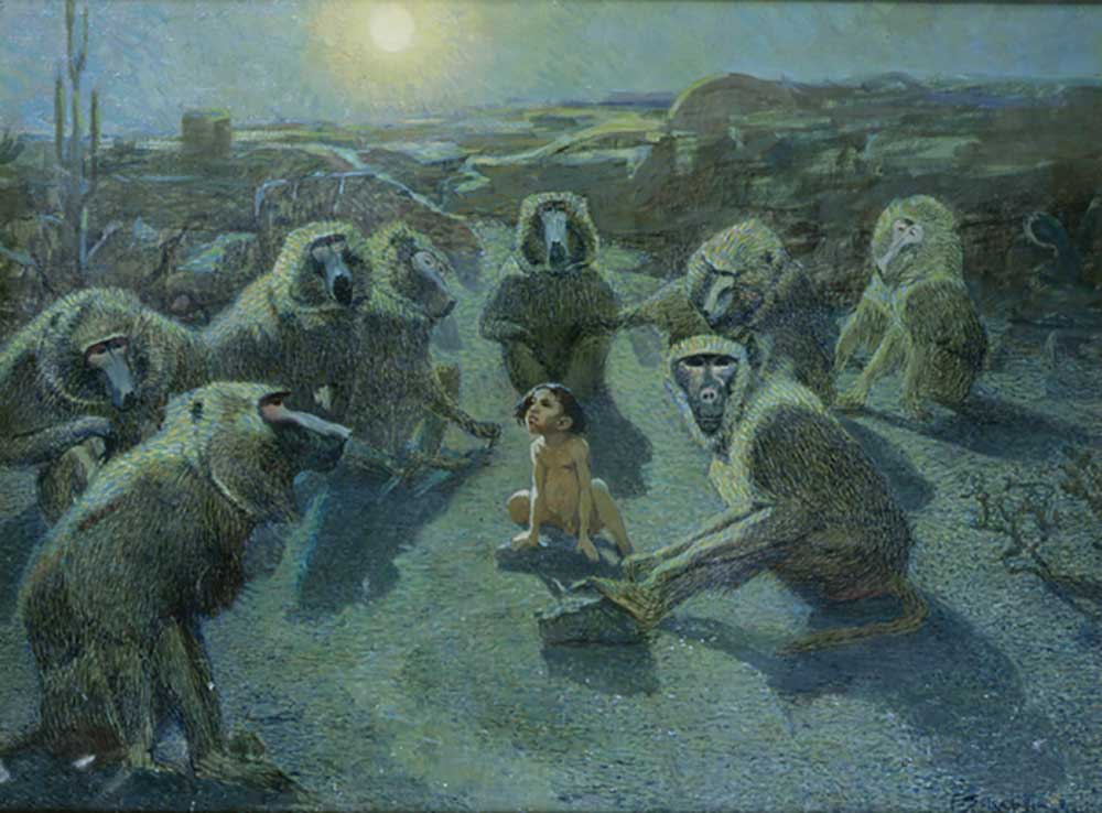 Mowgli Captured by Monkeys (oil & ink on canvas) van Ferdinand Schebek