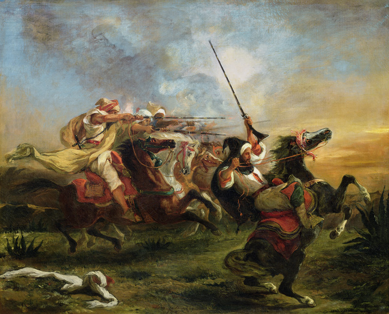 Moroccan horsemen in military action van Ferdinand Victor Eugène Delacroix