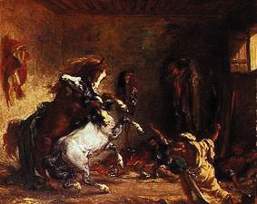 Kämpfende Araberpferde in einem Stall van Ferdinand Victor Eugène Delacroix