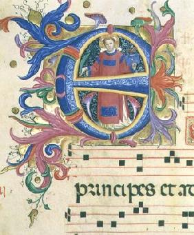 Missal 558 f.156v Historiated initial 'E' depicting St. Stephen