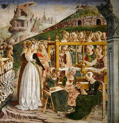 The Triumph of Minerva: March, from the Room of the Months, detail of the weavers, c.1467-70 (fresco van Francesco del Cossa